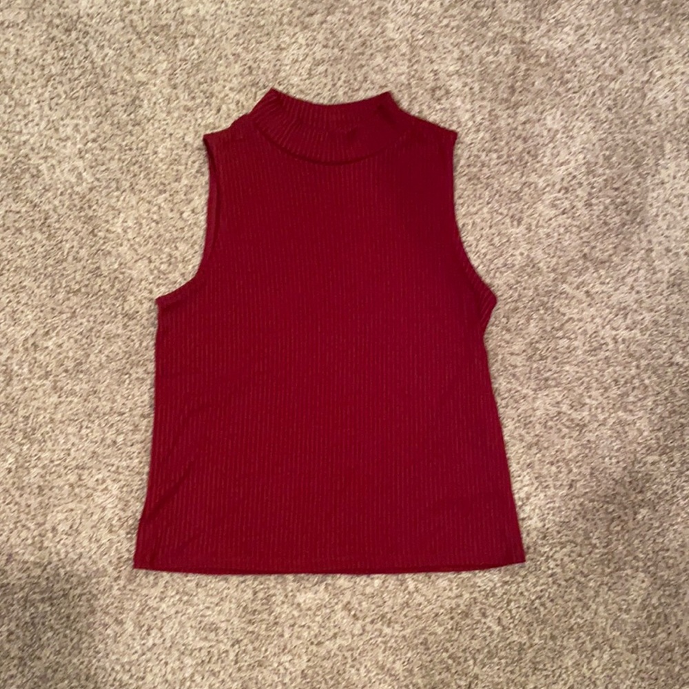Maroon high neck rib-knit tank top.